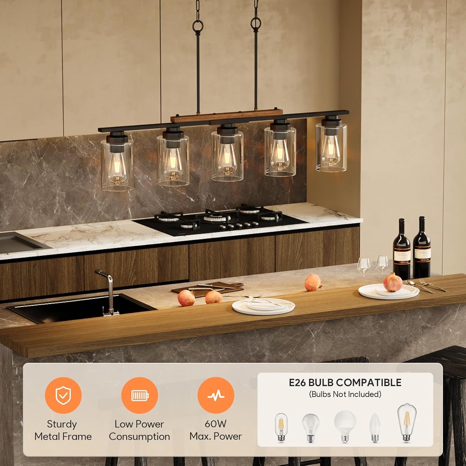 Matte Black Fivefold Lights Kitchen Island Pendant-2