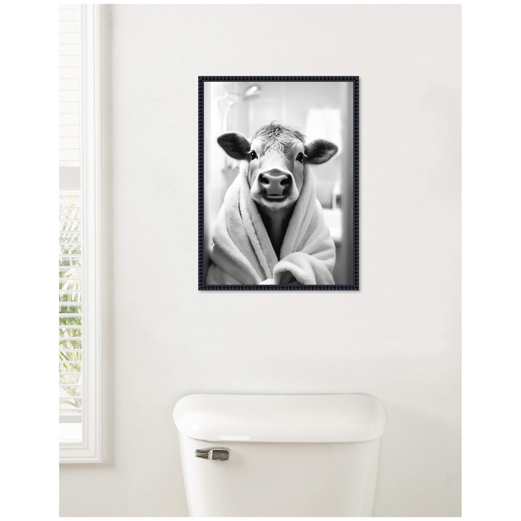 Sylvie Cow Bathroom Art Towel Robe Black and White Framed Canvas by The Creative Bunch Studio