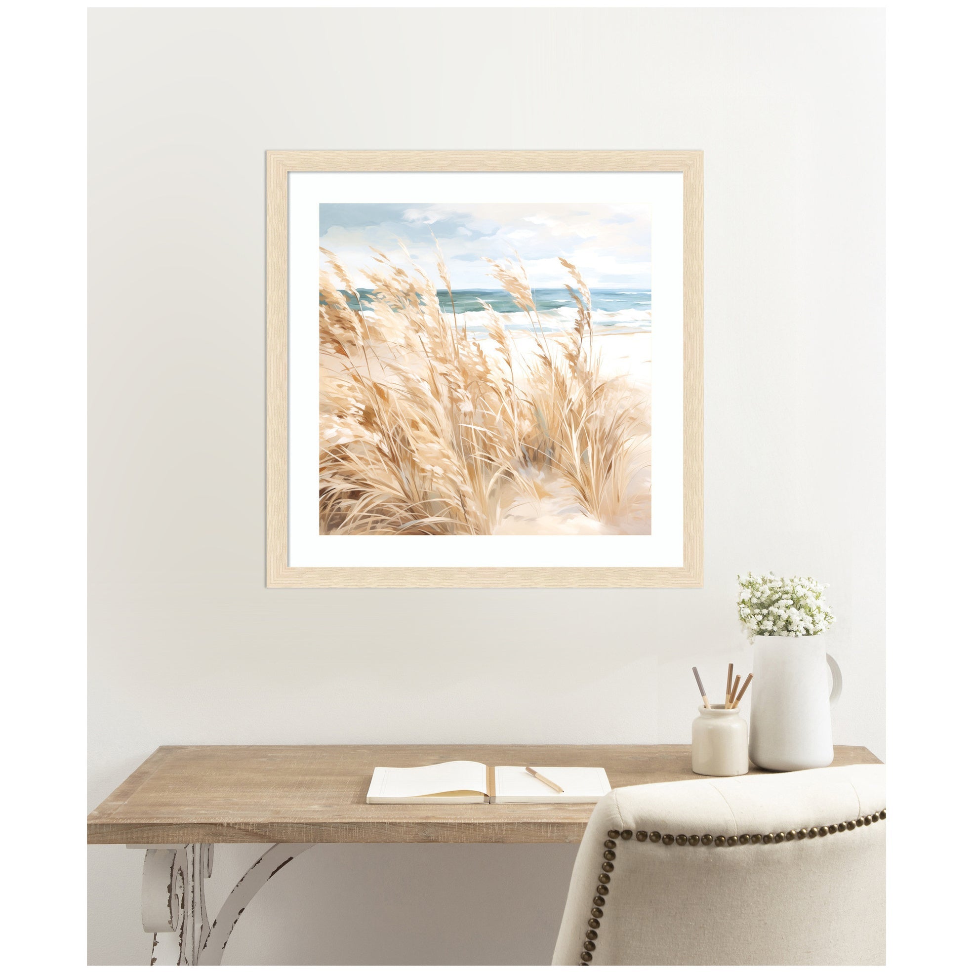 Framed Art Beige Beach Grass Near Traquil Beach by The Creative Bunch Studio