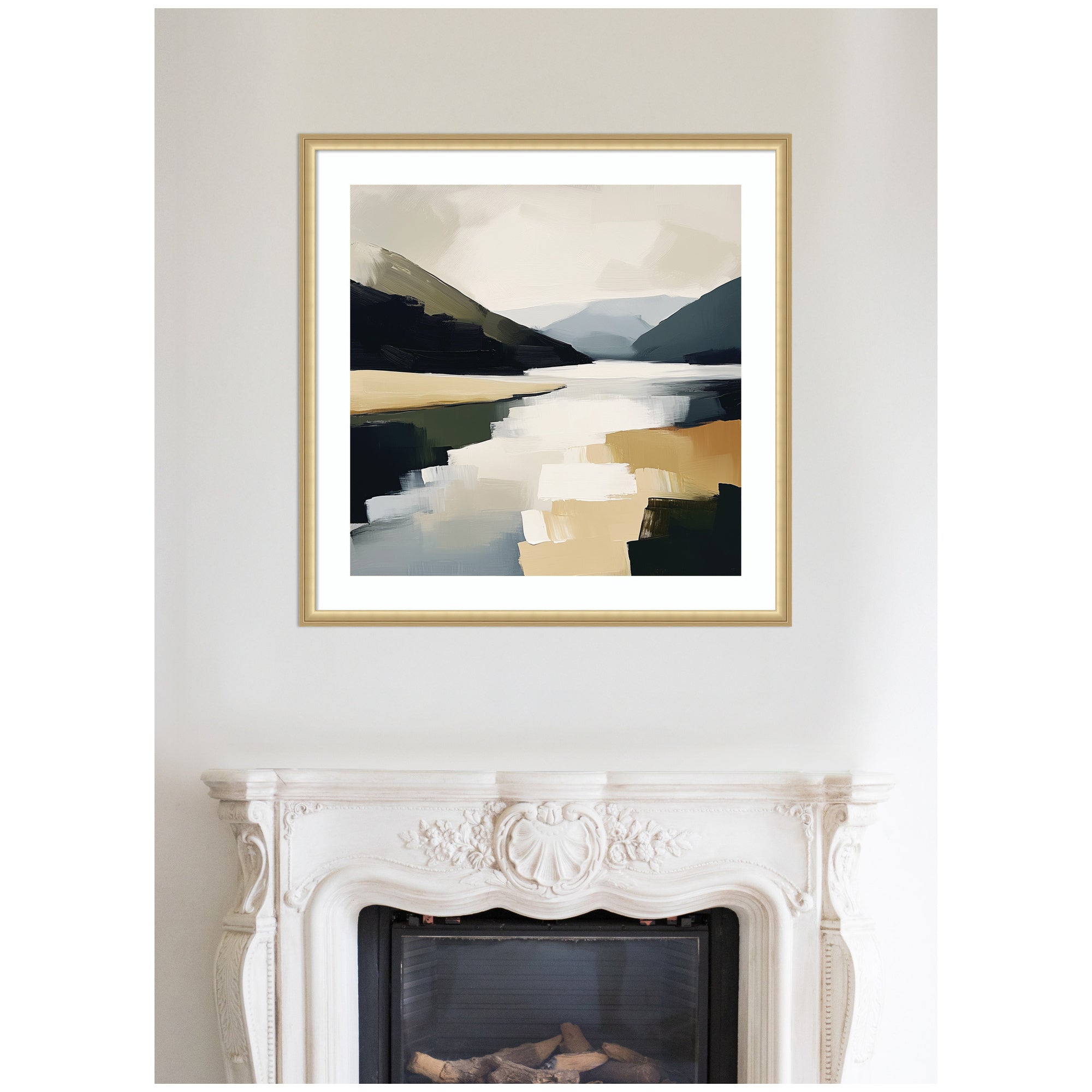 Framed Art Mountain Lake Modern Abstract Landscape by The Creative Bunch Studio