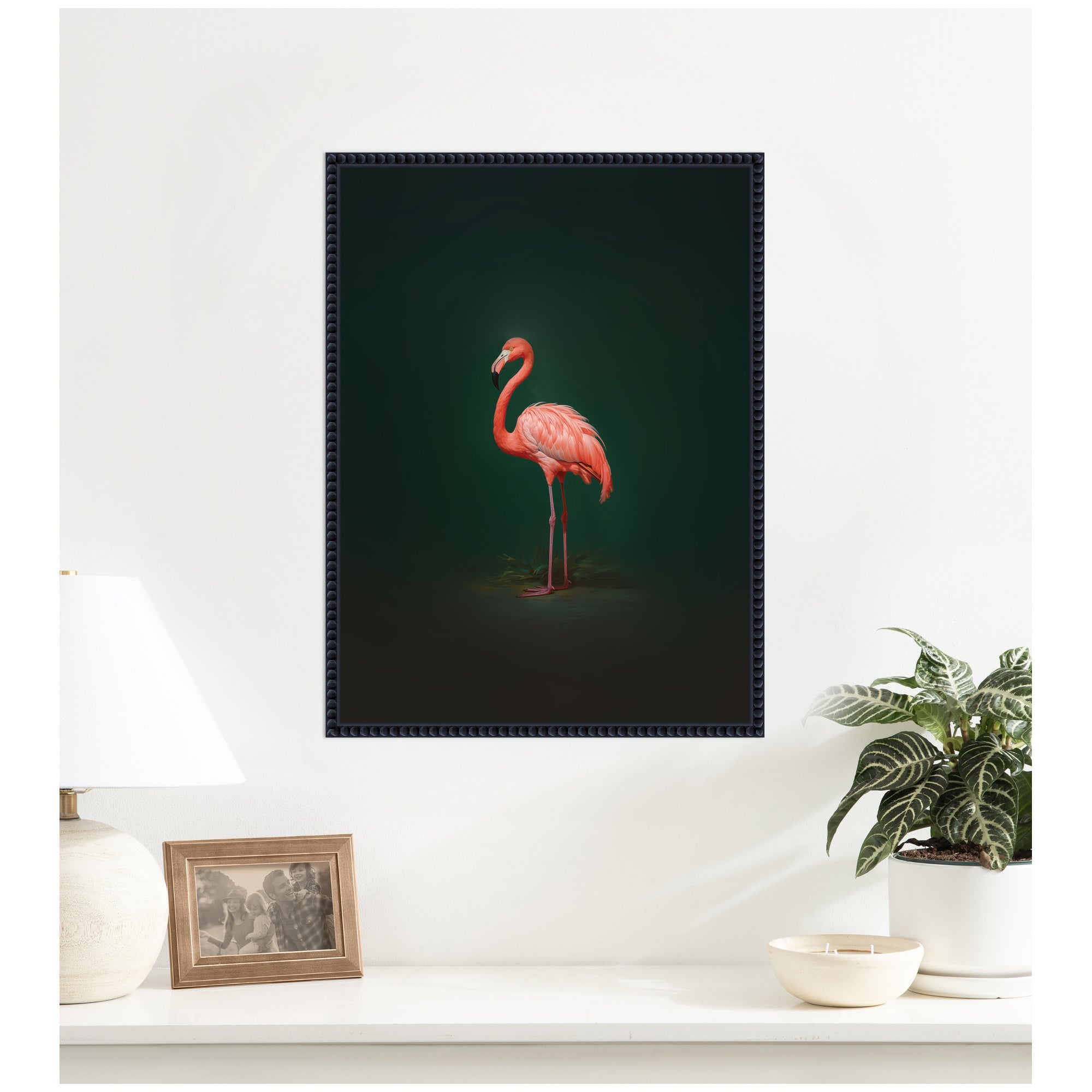 Flamingo Side View Rich Green Backdrop by The Creative Bunch Studio Framed Canvas Wall Art Print