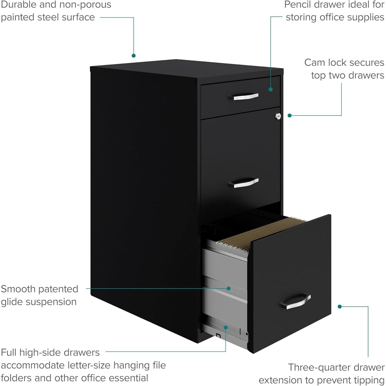 Locking 3 Drawer File Cabinet For Home Office Storage