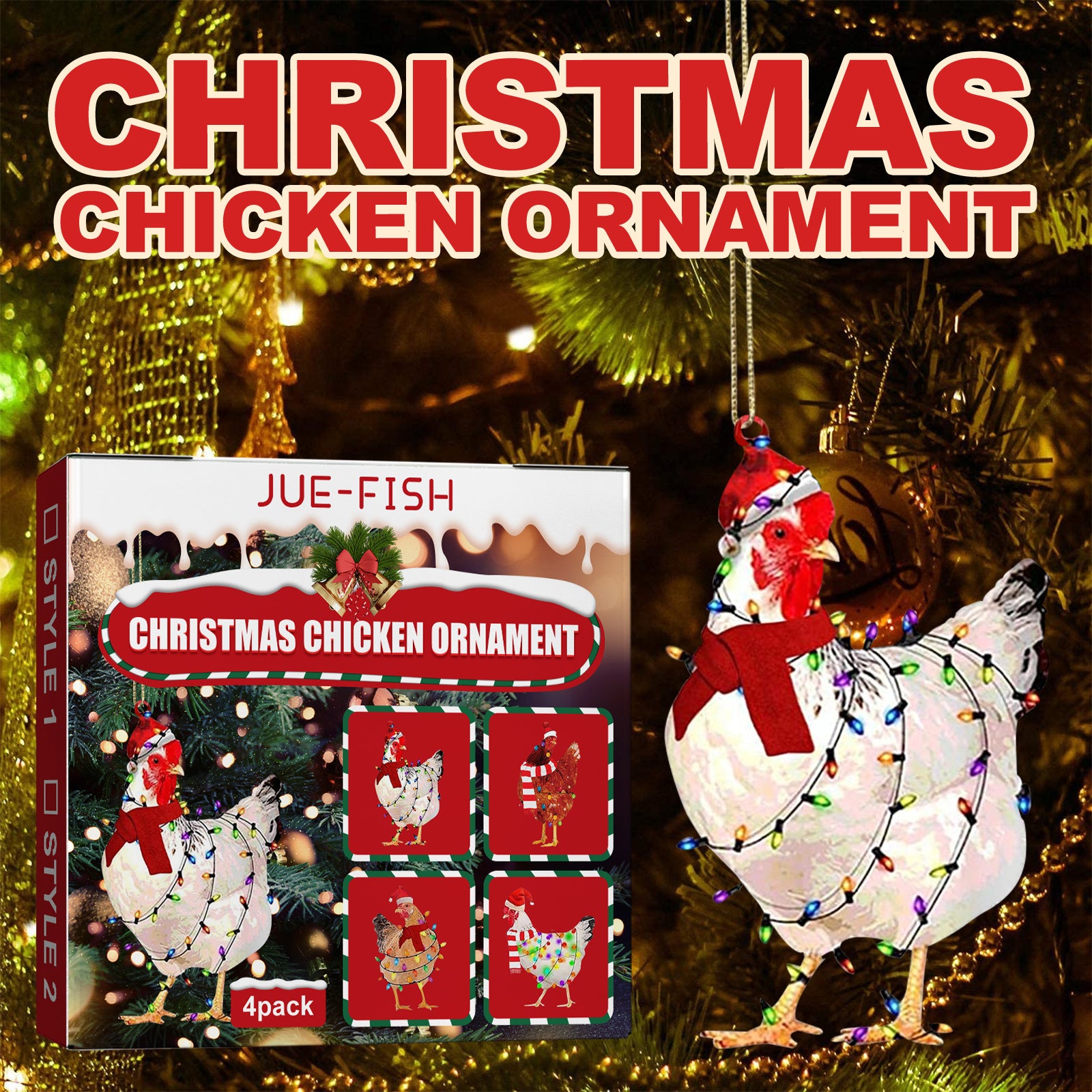 4 Pack Hanging Rooster Decorations, Hanging Chicken Christmas Ornaments