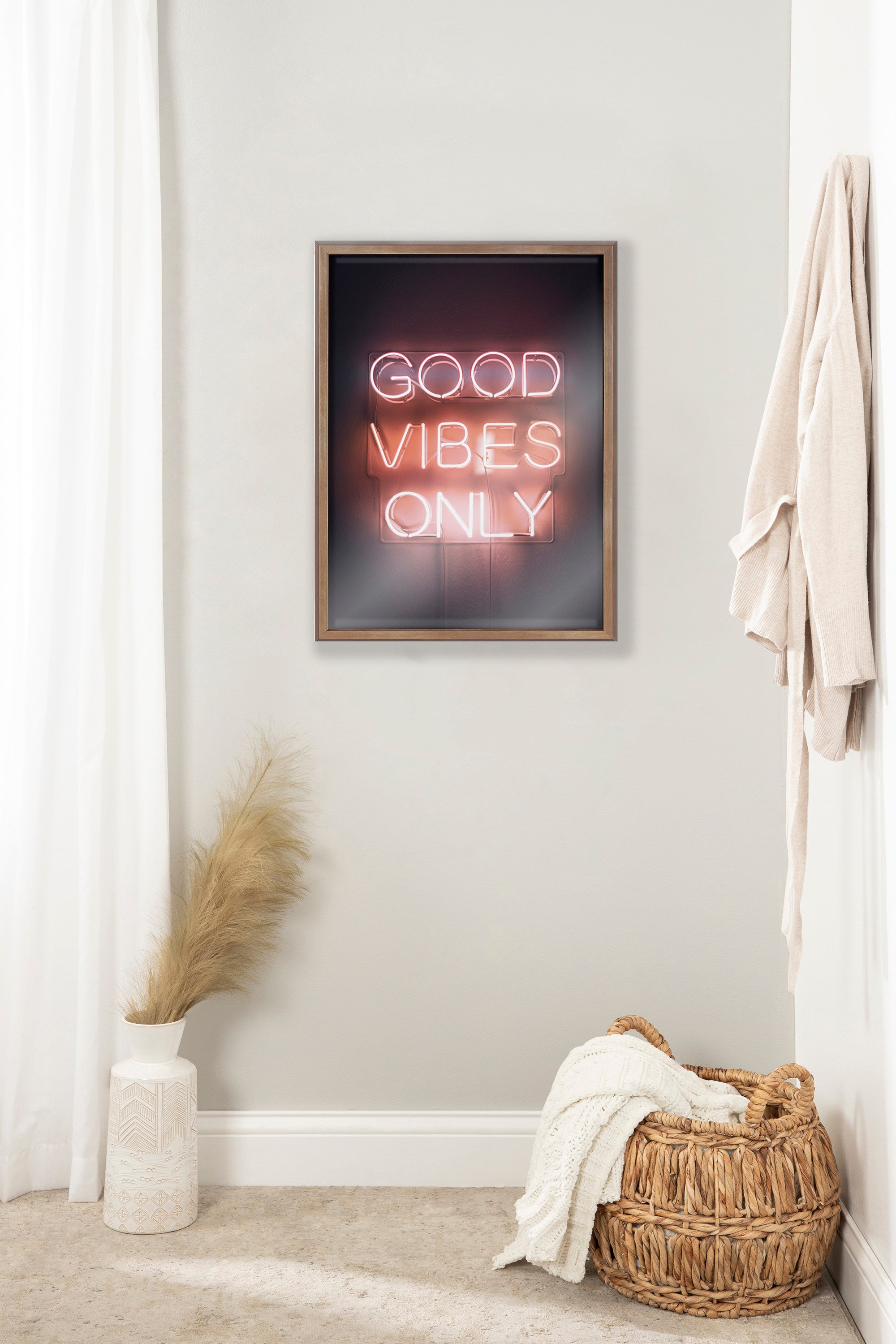 Blake Good Vibes Only Neon Sign Framed Printed Glass by The Creative Bunch Studio