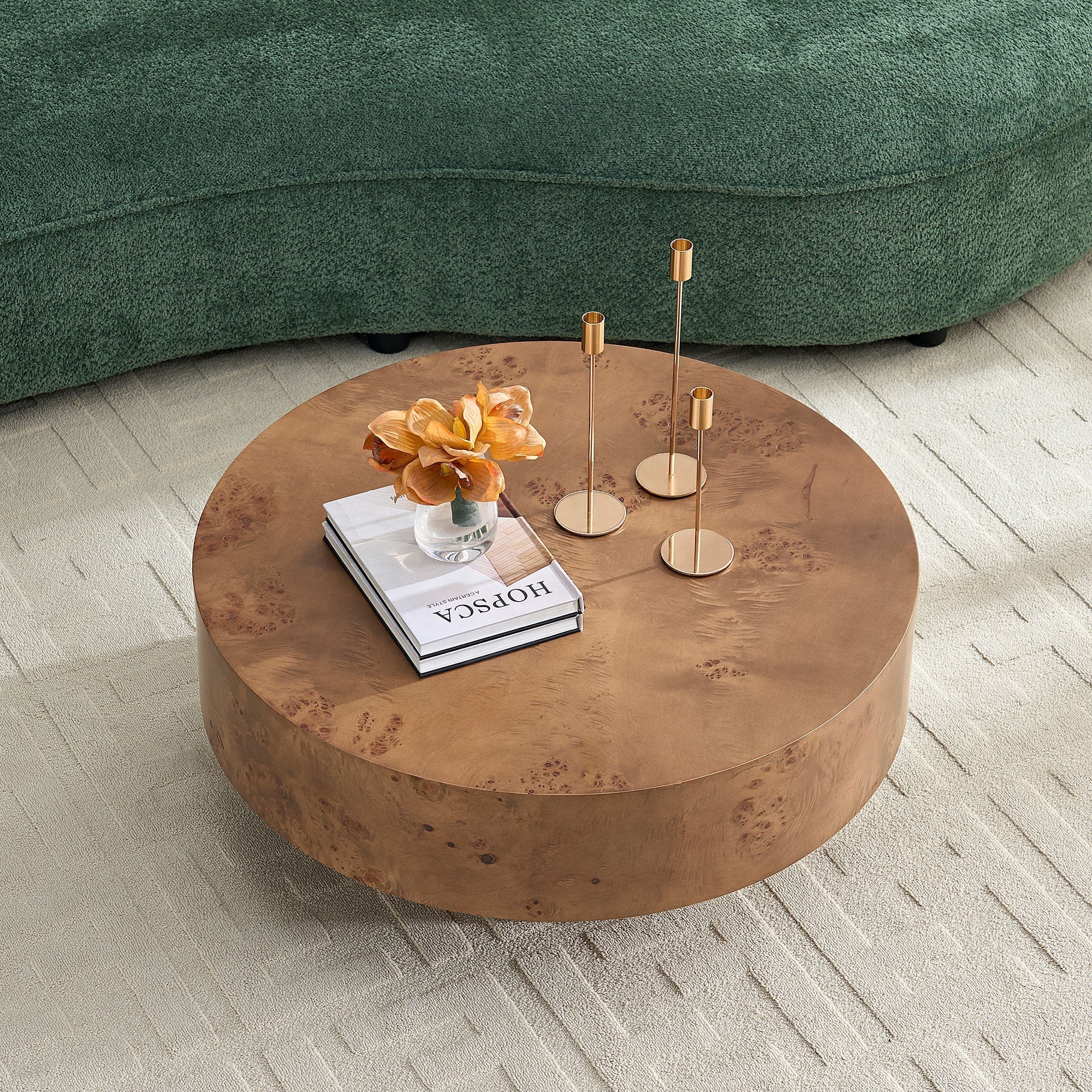 31.49" Burl Wood Veneer Round Coffee Table