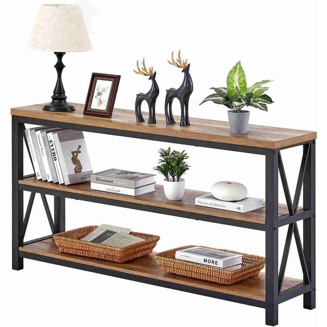 Rustic Wood Console Table With Three Shelves Metal Frame