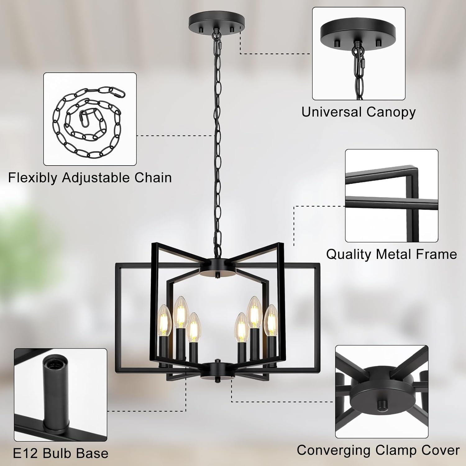 Black Geometric 6 Light Contemporary Ceiling Chandelier-4