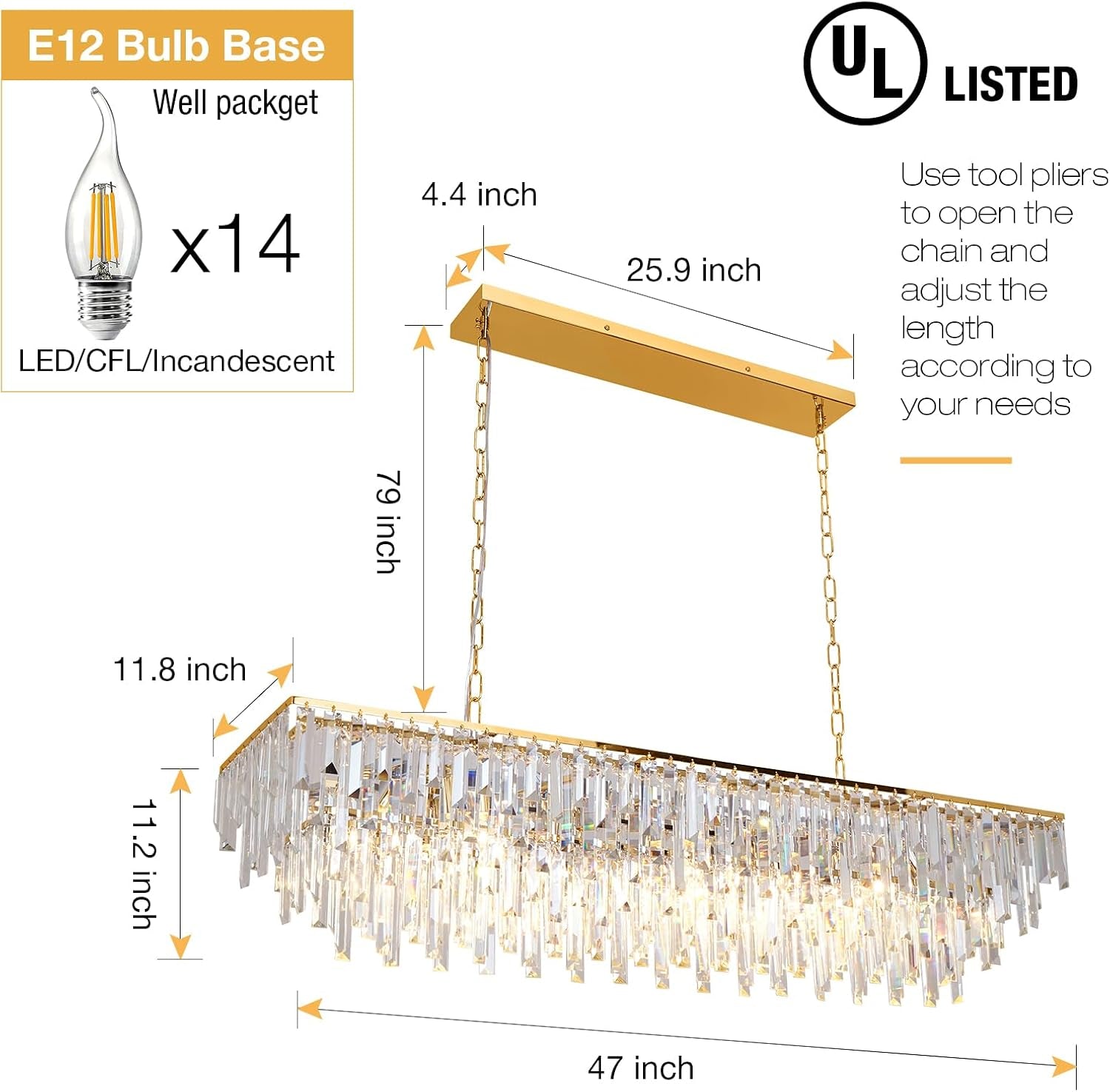 47 Inch Gold Rectangular Crystal Chandelier With Prisms-2