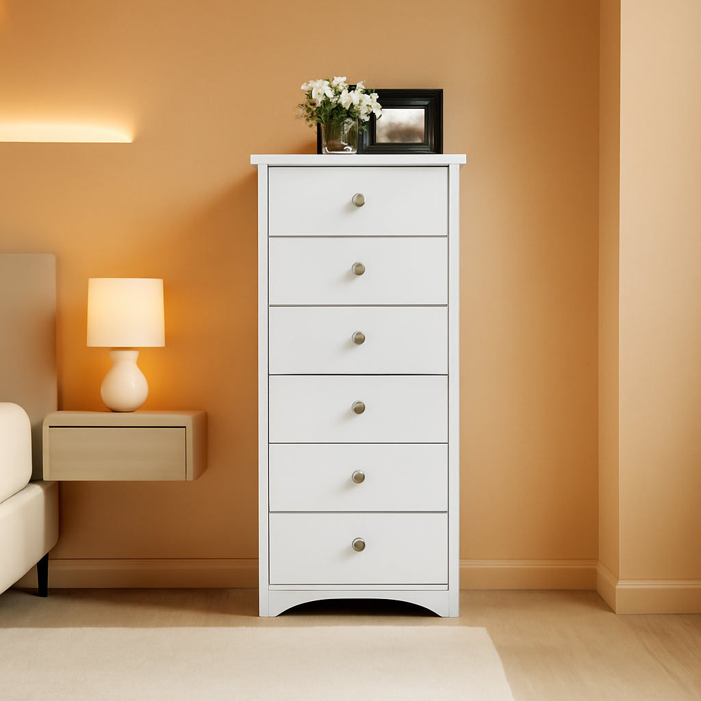 White 6 Drawer Tall Chest for Bedroom Modern Storage