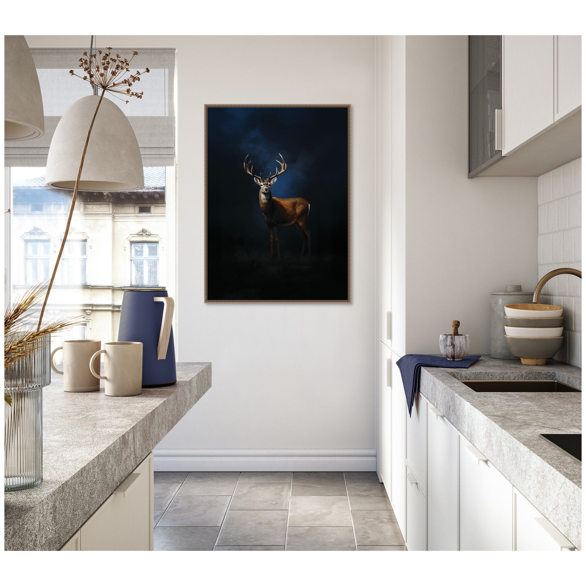 Cobalt Night Sky Deer by The Creative Bunch Studio Framed Canvas Wall Art Print