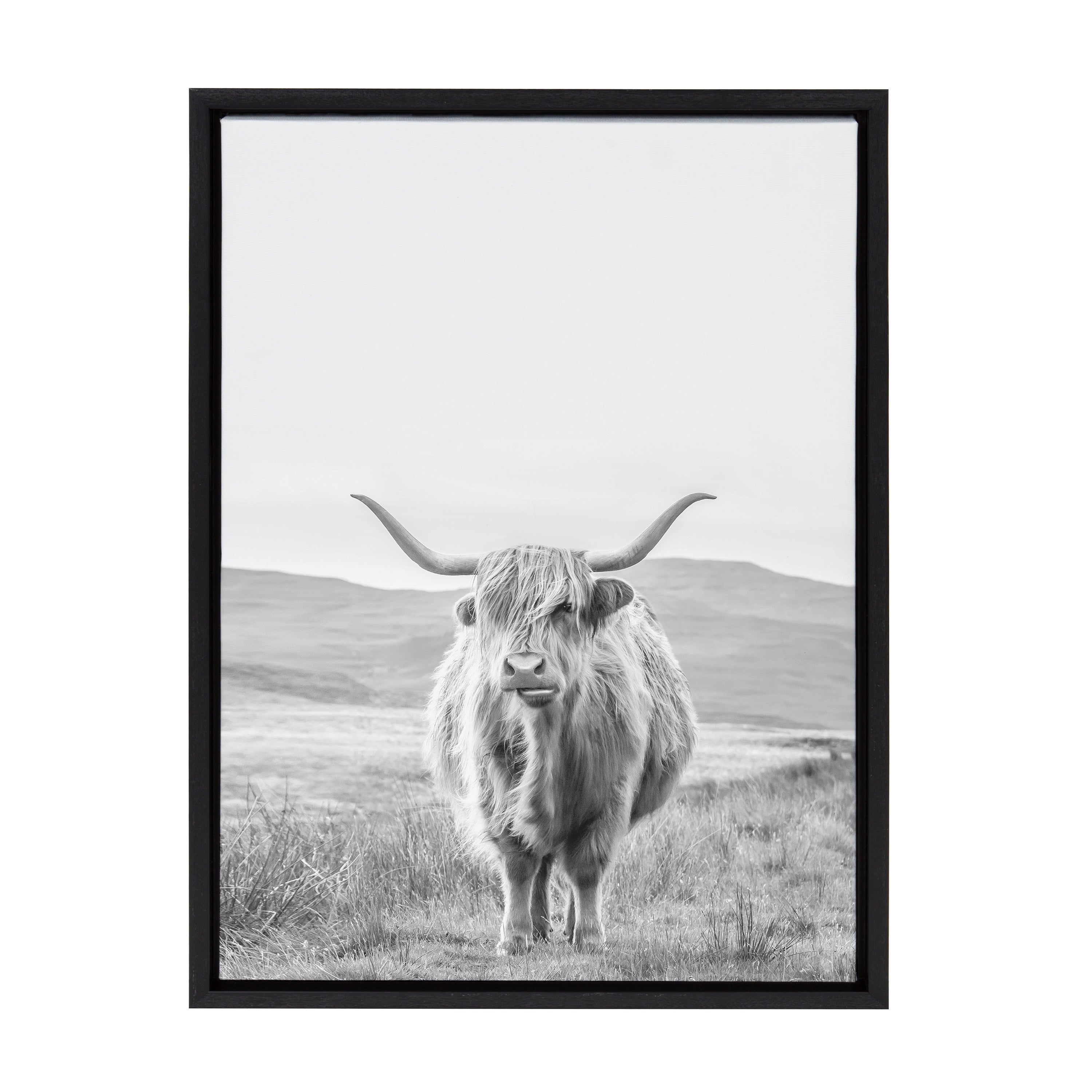 Sylvie Highland Cow Mountain Landscape Black and White Framed Canvas by The Creative Bunch Studio