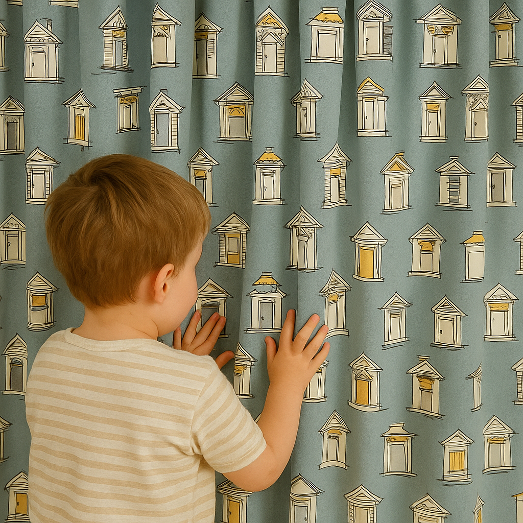 Window-Print Cotton Kids Curtains – Teal Architectural Drapes, Light-Filtering or 100 % Blackout | Made-to-Measure-0
