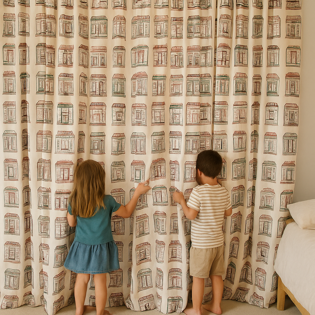 Sweet Shop Street Cotton Kids Curtains – Sketch Shopfront Print Drapes, Light-Filtering or 100 % Blackout | Made to Measure-2