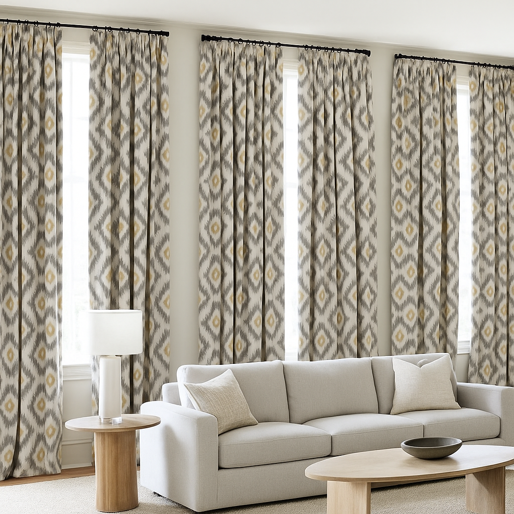 Ikat Print Cotton Linen Curtains – Teal Pink, Blue Taupe, Grey Ochre – Blackout or Light Filtering – Custom Sizes – Rod or Track Compatible-1