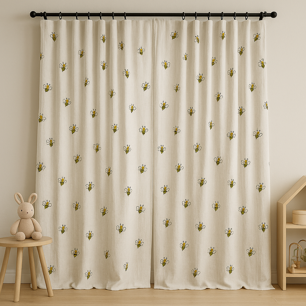 Embroidered Bee Pure Linen Curtain for Kids Room – Custom Size Available – Light Filtering & Blackout Options – Single or Pair – OEKO-TEX Certified-2