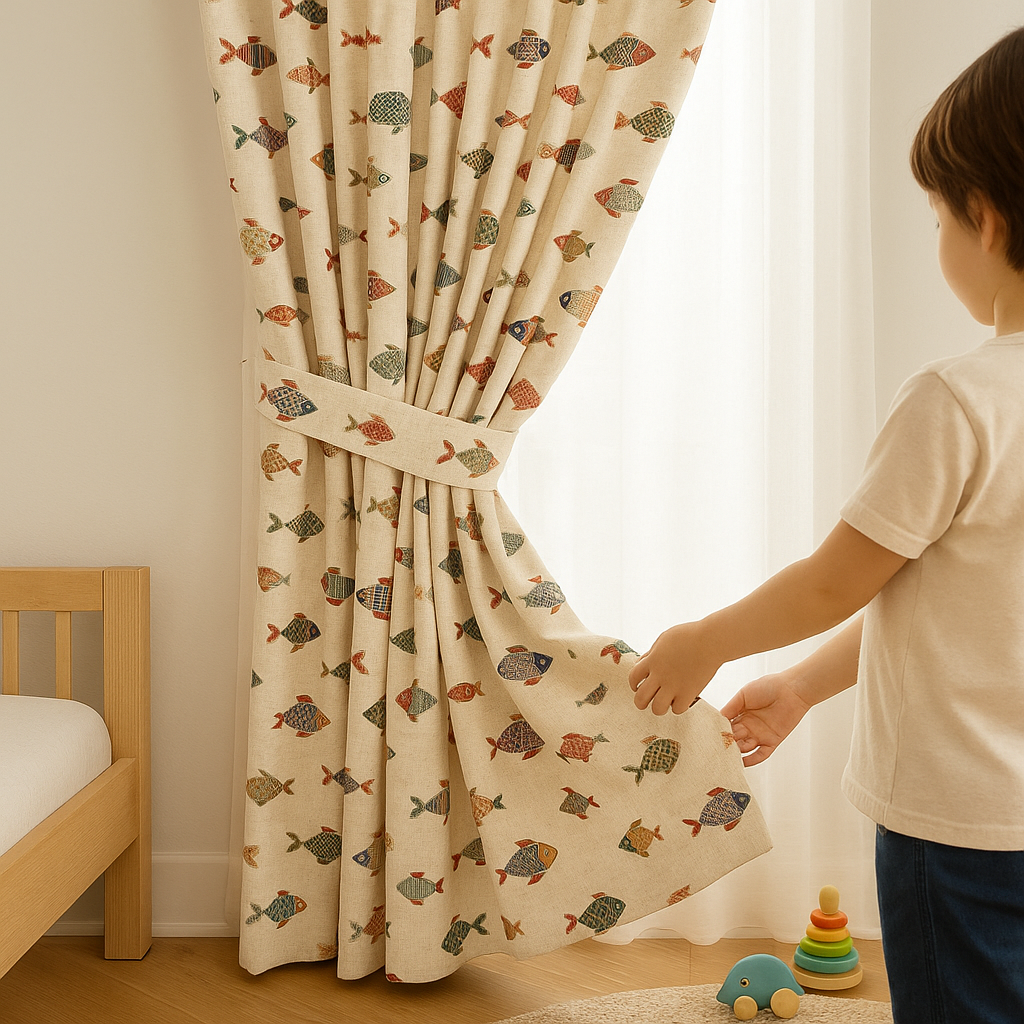 Colourful Fish-Print Cotton Kids Curtains – Coastal Nursery Drapes, Light-Filtering or 100 % Blackout-1