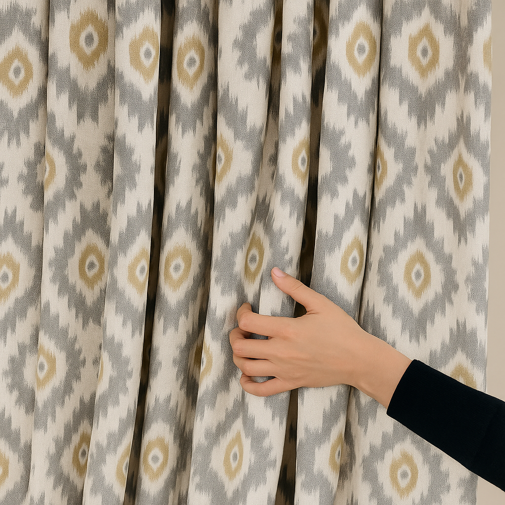 Ikat Print Cotton Linen Curtains – Teal Pink, Blue Taupe, Grey Ochre – Blackout or Light Filtering – Custom Sizes – Rod or Track Compatible-0