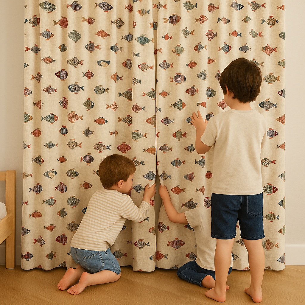 Colourful Fish-Print Cotton Kids Curtains – Coastal Nursery Drapes, Light-Filtering or 100 % Blackout-2