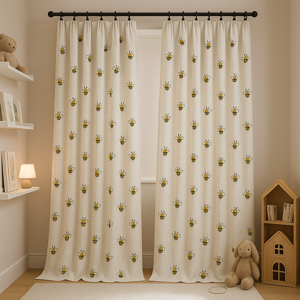Embroidered Bee Pure Linen Curtain for Kids Room – Custom Size Available – Light Filtering & Blackout Options – Single or Pair – OEKO-TEX Certified-3