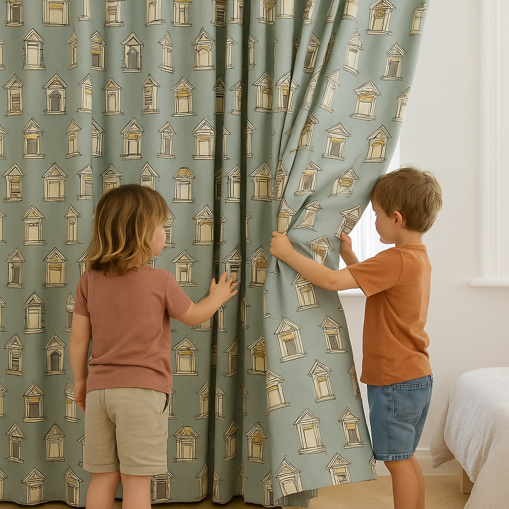 Window-Print Cotton Kids Curtains – Teal Architectural Drapes, Light-Filtering or 100 % Blackout | Made-to-Measure-2