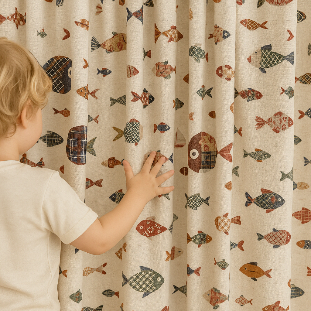 Colourful Fish-Print Cotton Kids Curtains – Coastal Nursery Drapes, Light-Filtering or 100 % Blackout-0
