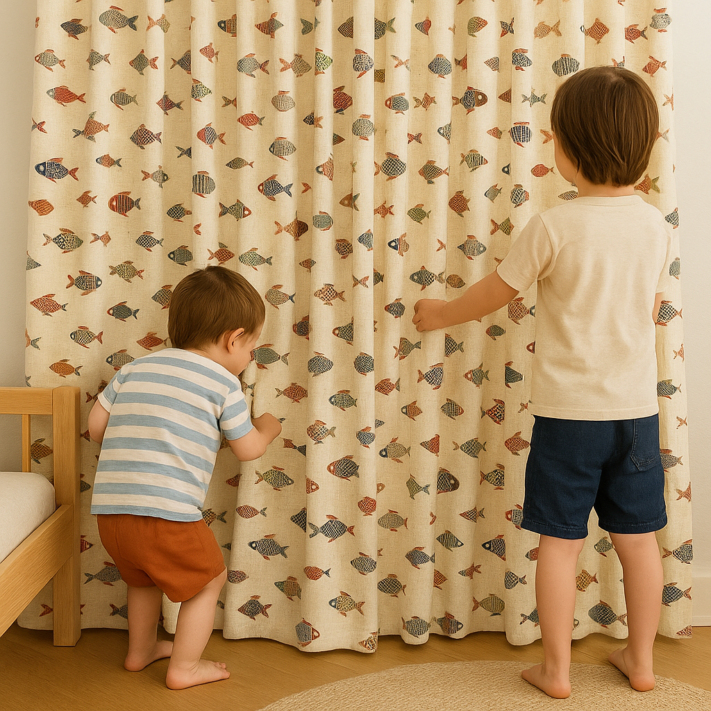 Colourful Fish-Print Cotton Kids Curtains – Coastal Nursery Drapes, Light-Filtering or 100 % Blackout-3