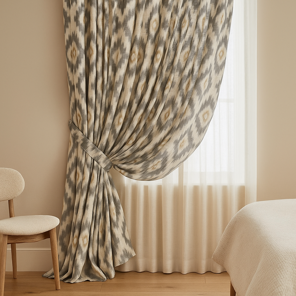 Ikat Print Cotton Linen Curtains – Teal Pink, Blue Taupe, Grey Ochre – Blackout or Light Filtering – Custom Sizes – Rod or Track Compatible-2