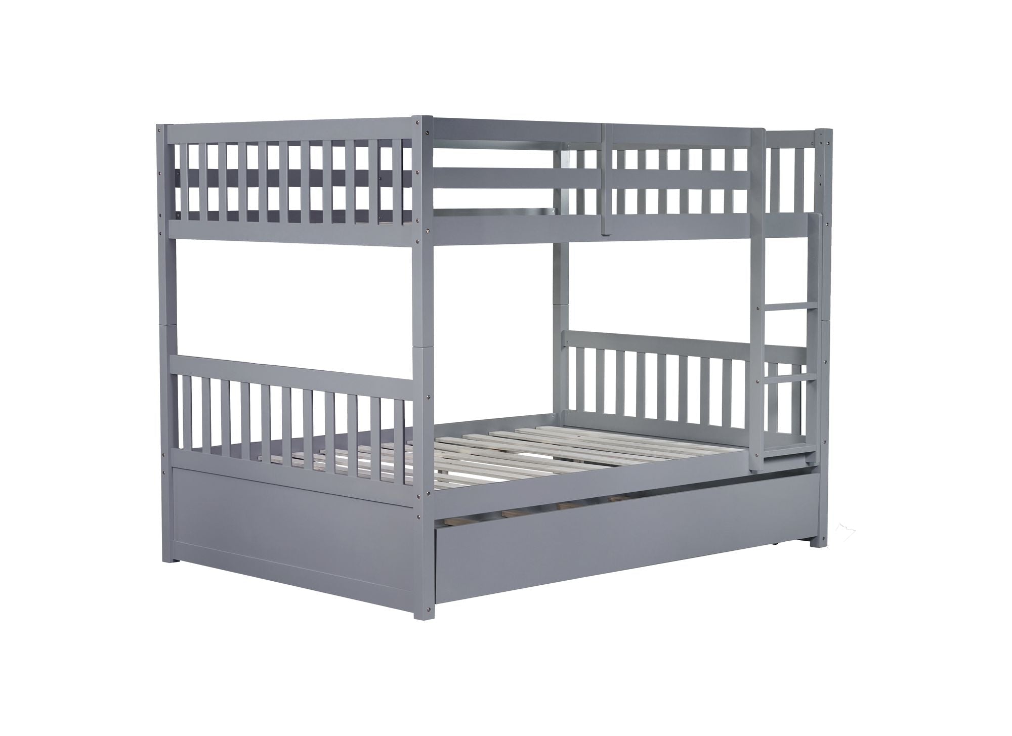 Flexible Full Over Full Wood Bunk Bed with Twin Trundle and Ladder, Grey | Just Better Bunk Beds