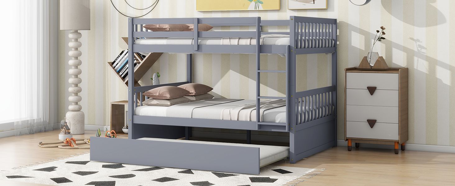 Flexible Full Over Full Wood Bunk Bed with Twin Trundle and Ladder, Grey | Just Better Bunk Beds