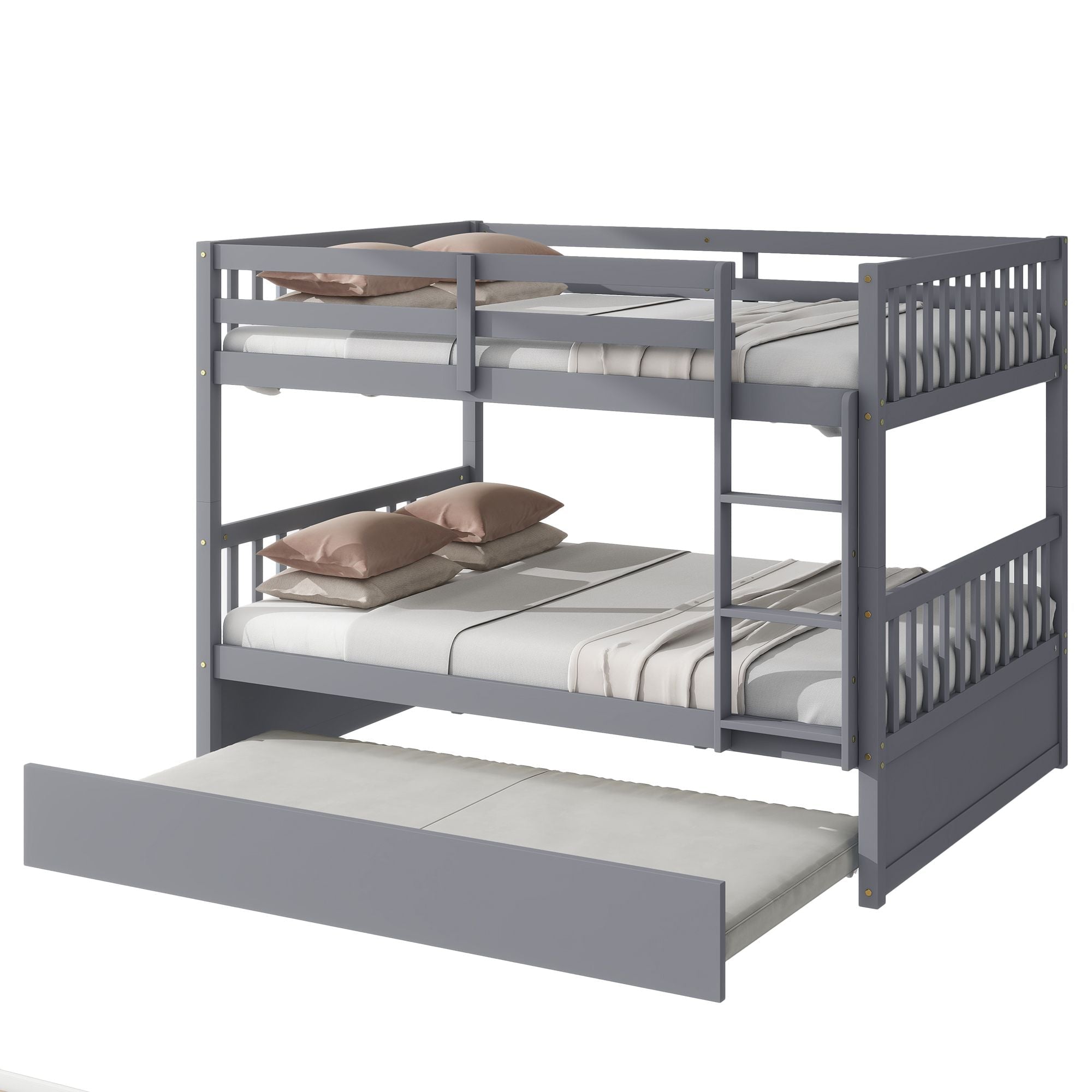 Flexible Full Over Full Wood Bunk Bed with Twin Trundle and Ladder, Grey | Just Better Bunk Beds