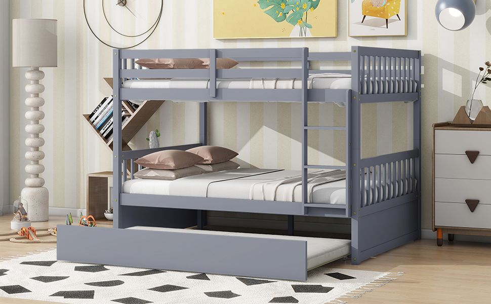 Flexible Full Over Full Wood Bunk Bed with Twin Trundle and Ladder, Grey | Just Better Bunk Beds