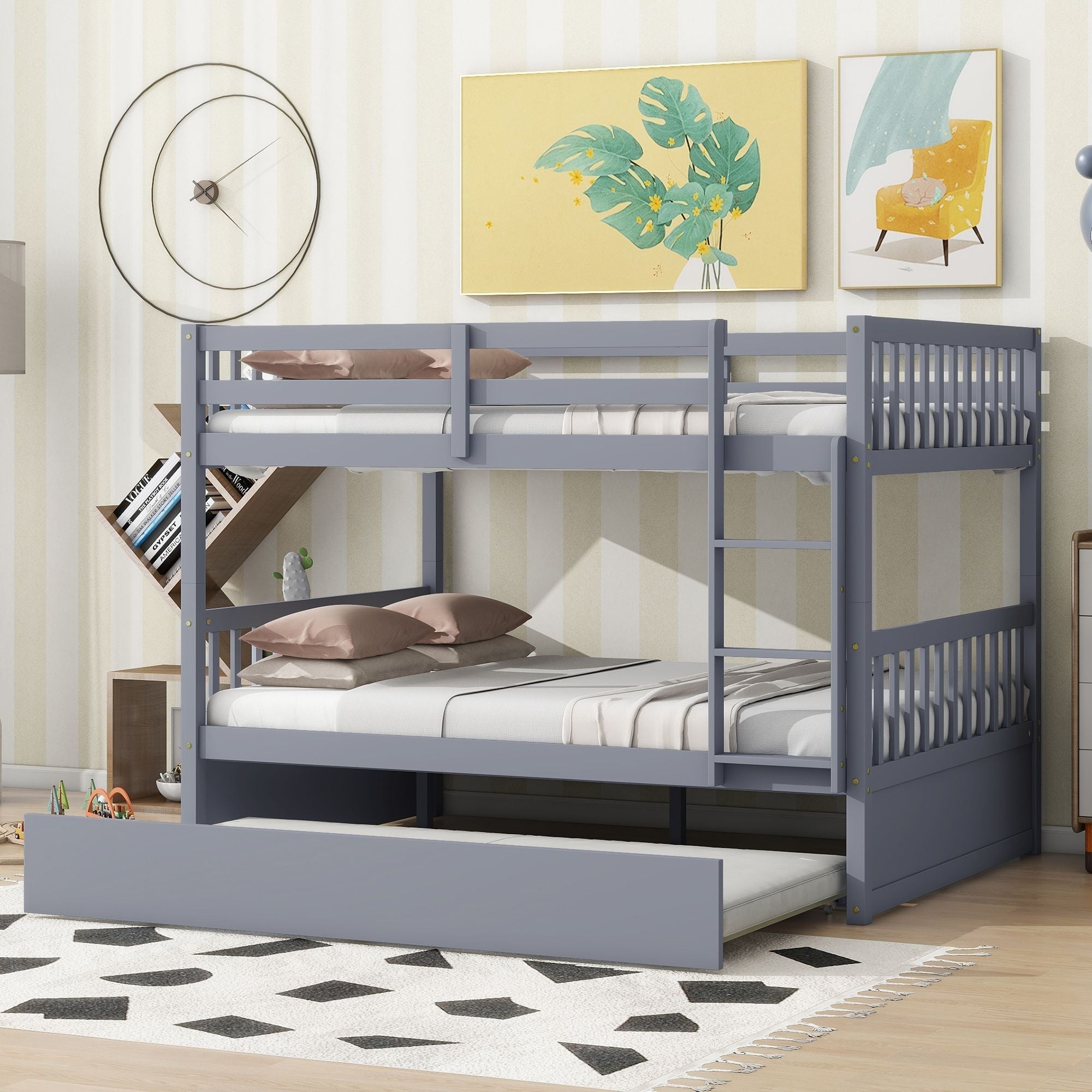 Flexible Full Over Full Wood Bunk Bed with Twin Trundle and Ladder, Grey | Just Better Bunk Beds