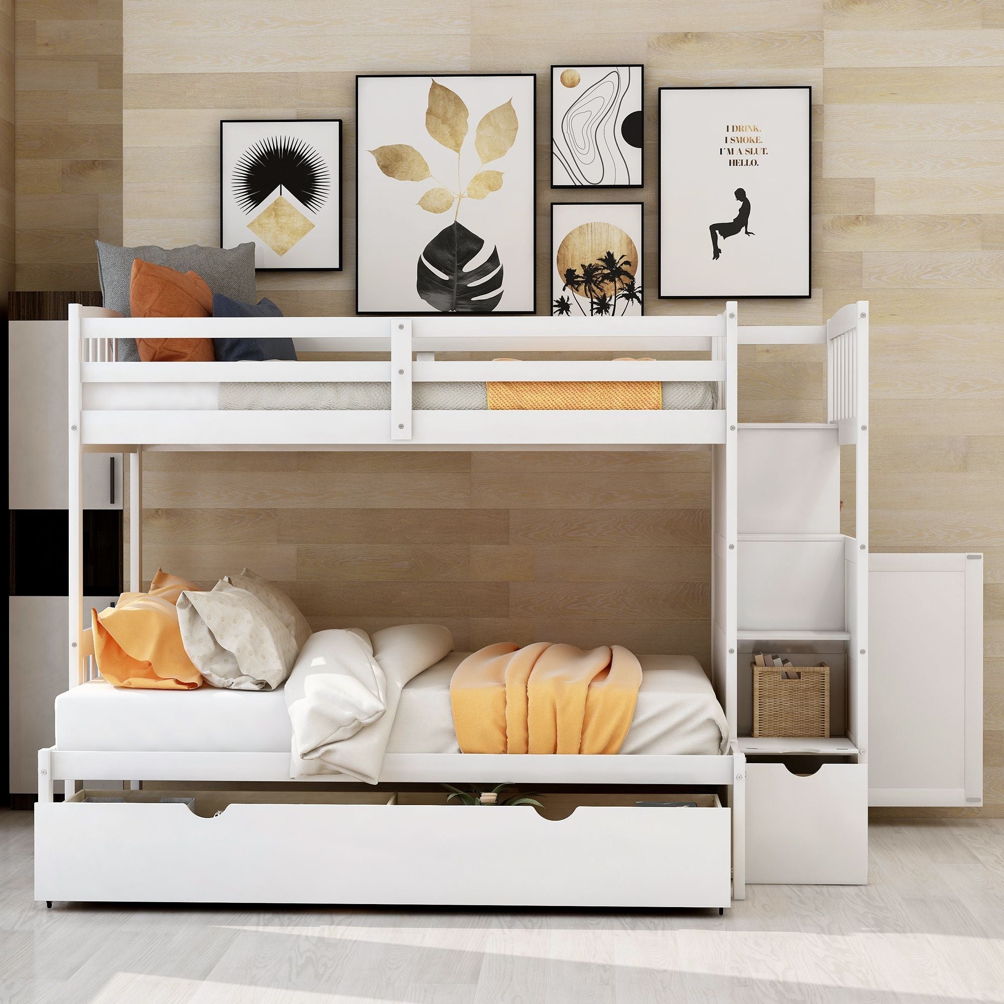 Flexible Twin over Full Convertible Wood Bunk Bed with Storage Shelves and Drawers White | Just Better Bunk Beds