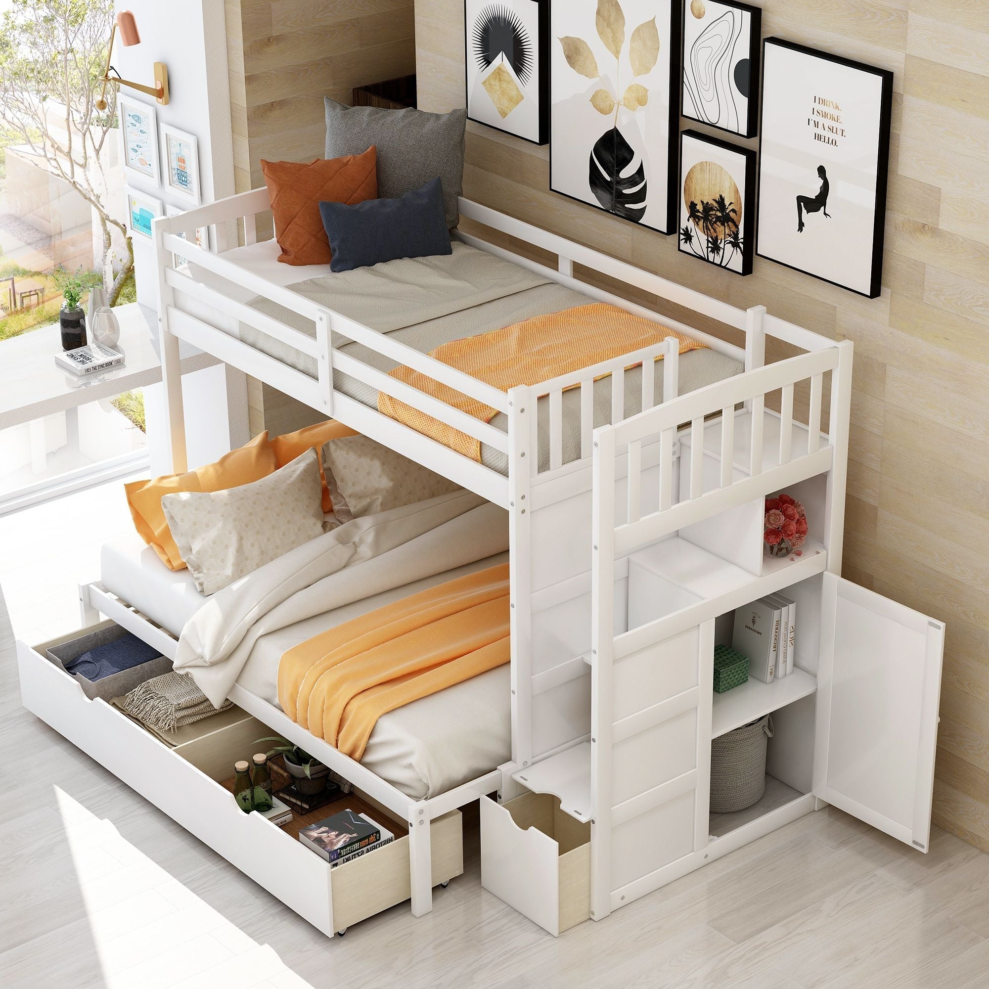 Flexible Twin over Full Convertible Wood Bunk Bed with Storage Shelves and Drawers White | Just Better Bunk Beds