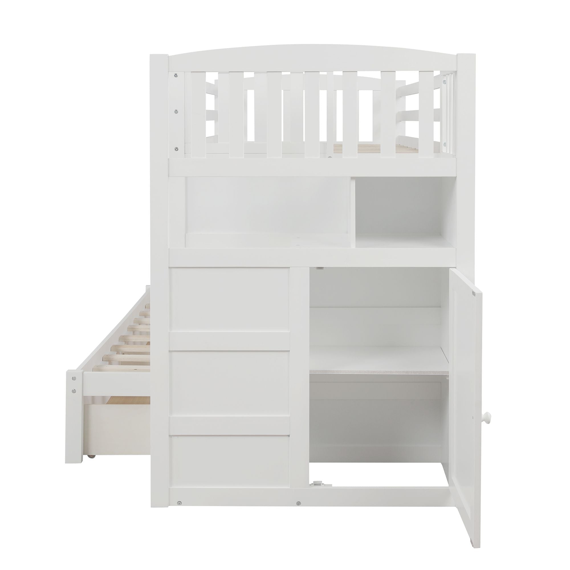 Flexible Twin over Full Convertible Wood Bunk Bed with Storage Shelves and Drawers White | Just Better Bunk Beds