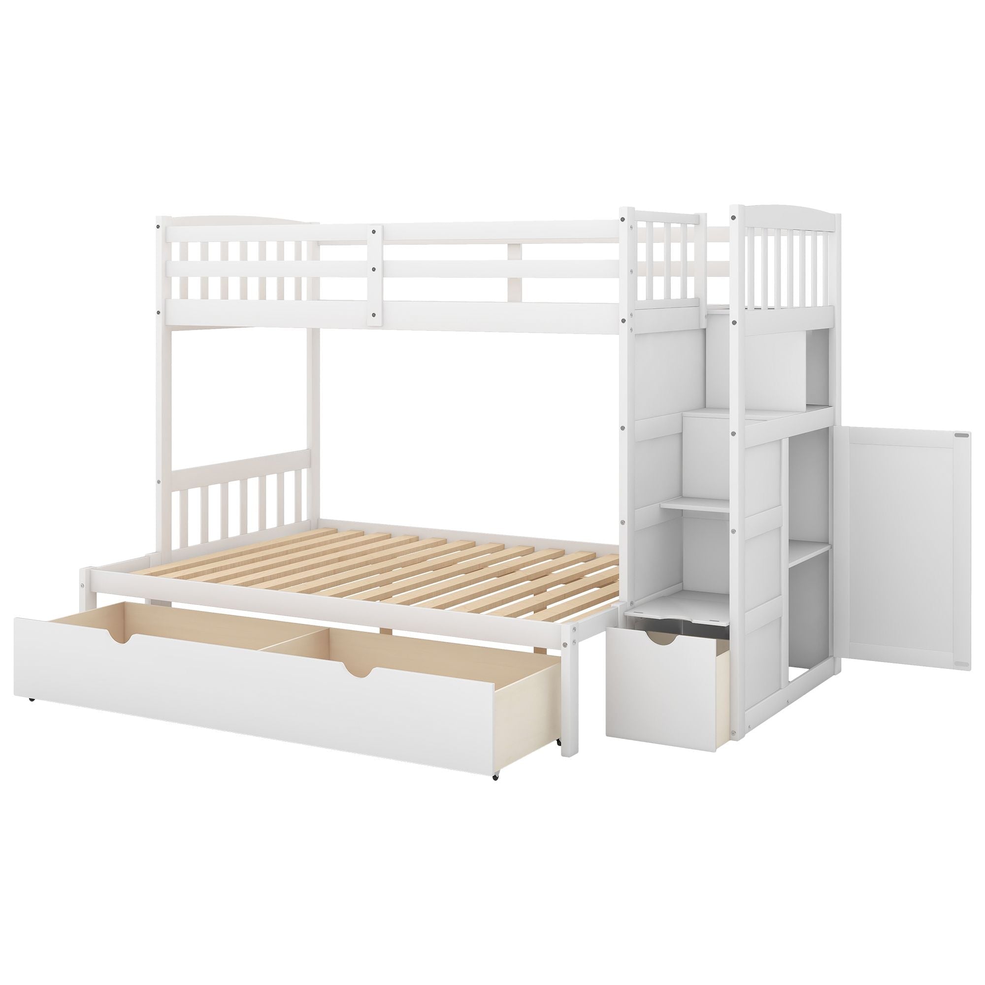 Flexible Twin over Full Convertible Wood Bunk Bed with Storage Shelves and Drawers White | Just Better Bunk Beds