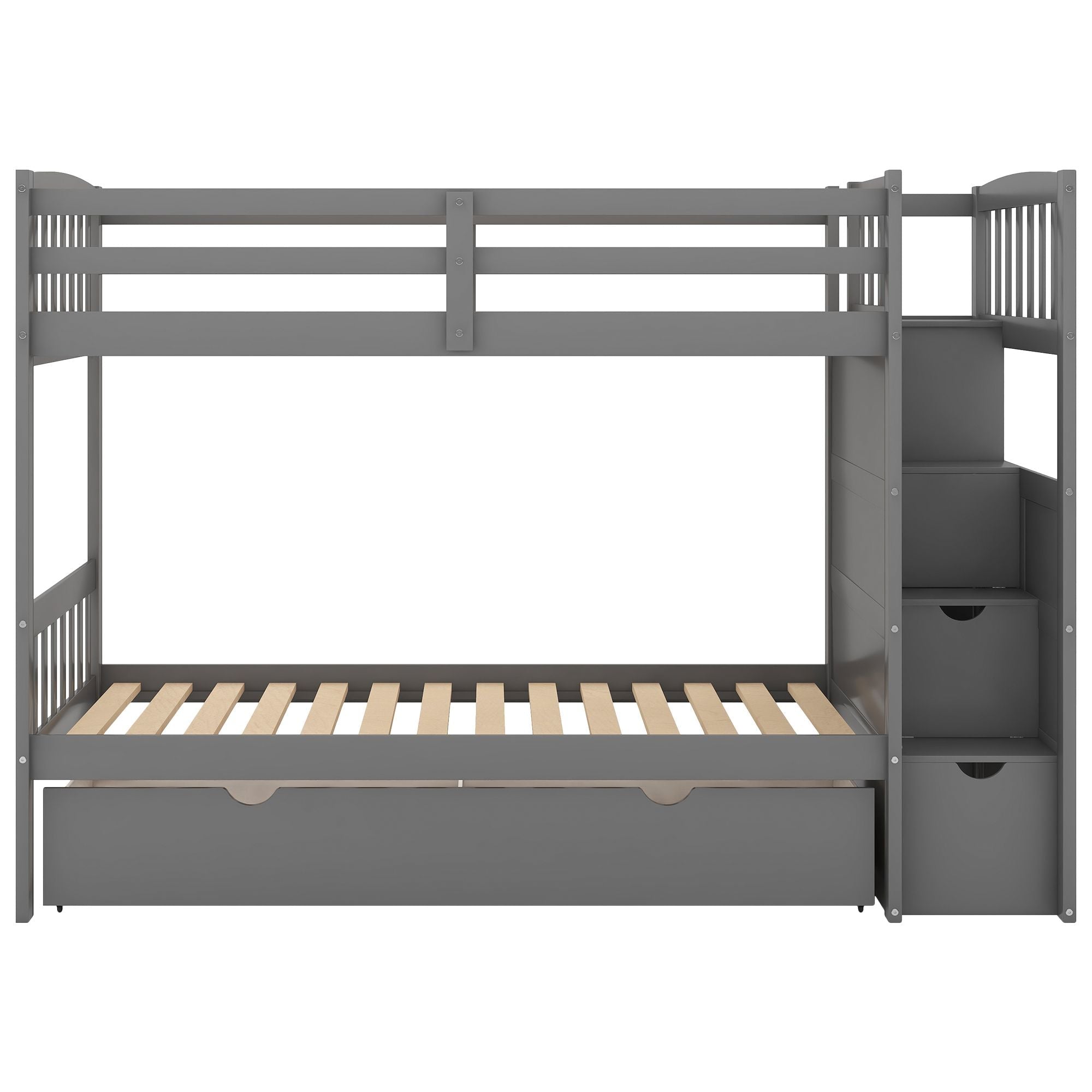 Flexible Twin Over Full/Twin Wood Bunk Bed with Storage Shelves and Drawers, Gray | Just Better Bunk Beds
