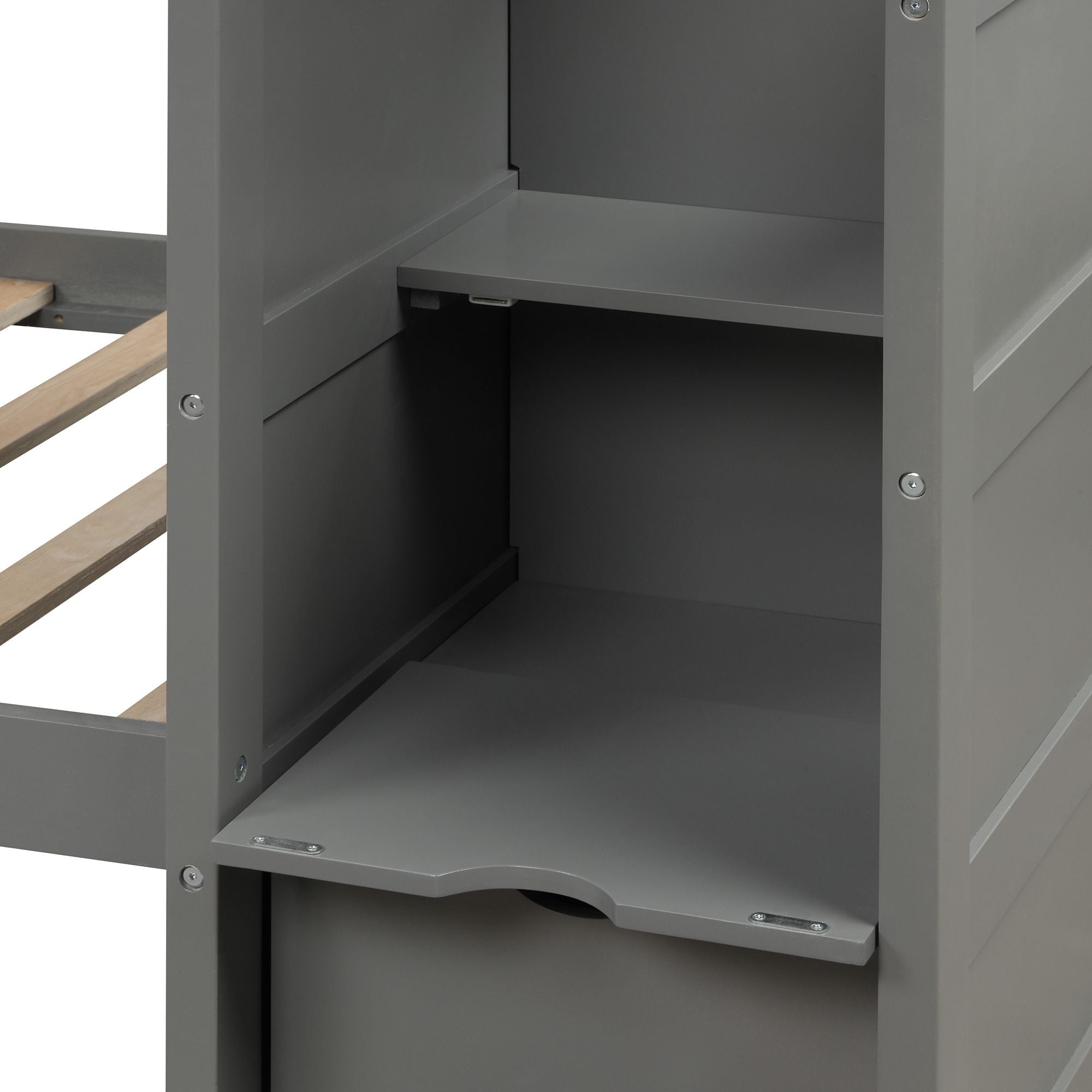 Flexible Twin Over Full/Twin Wood Bunk Bed with Storage Shelves and Drawers, Gray | Just Better Bunk Beds