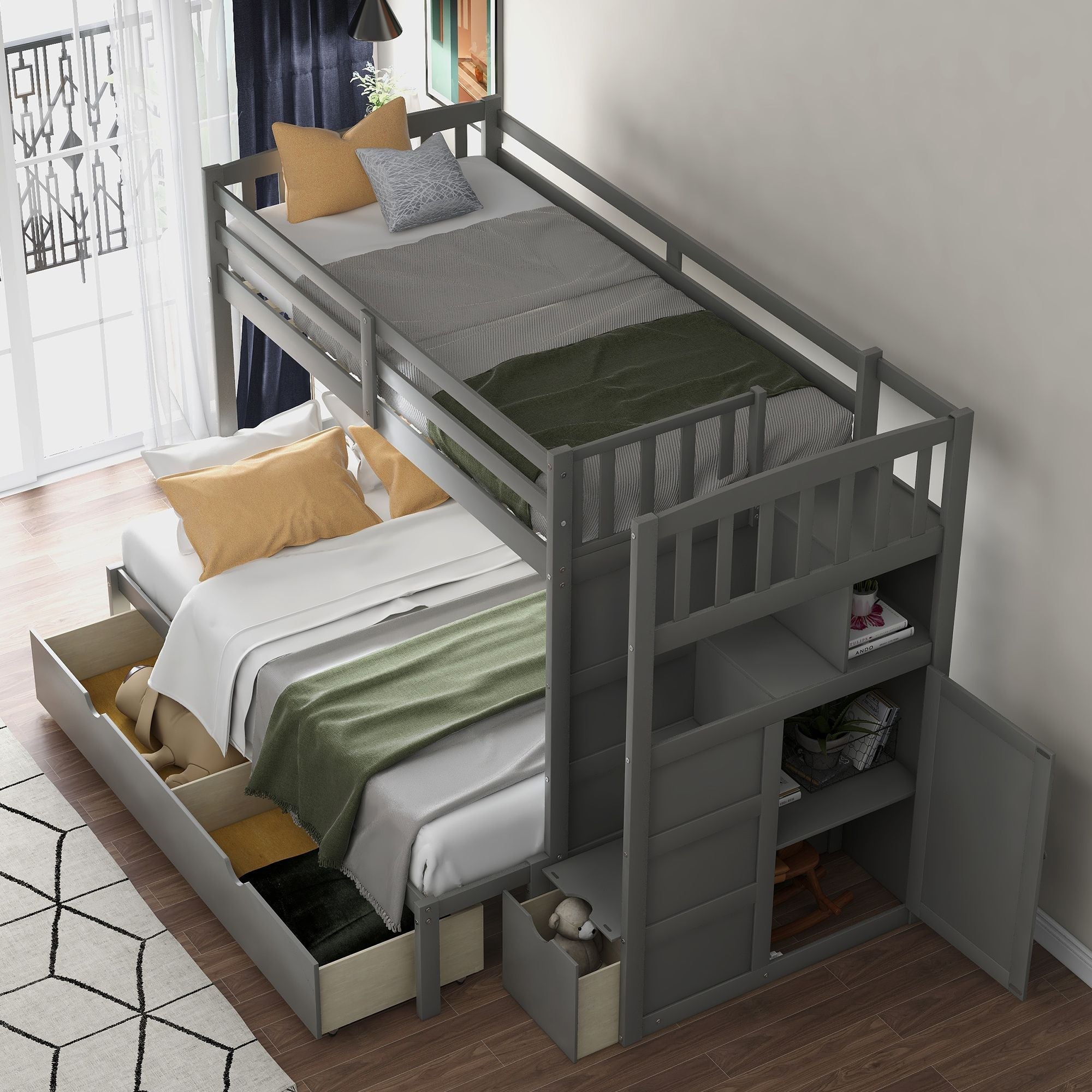 Flexible Twin Over Full/Twin Wood Bunk Bed with Storage Shelves and Drawers, Gray | Just Better Bunk Beds