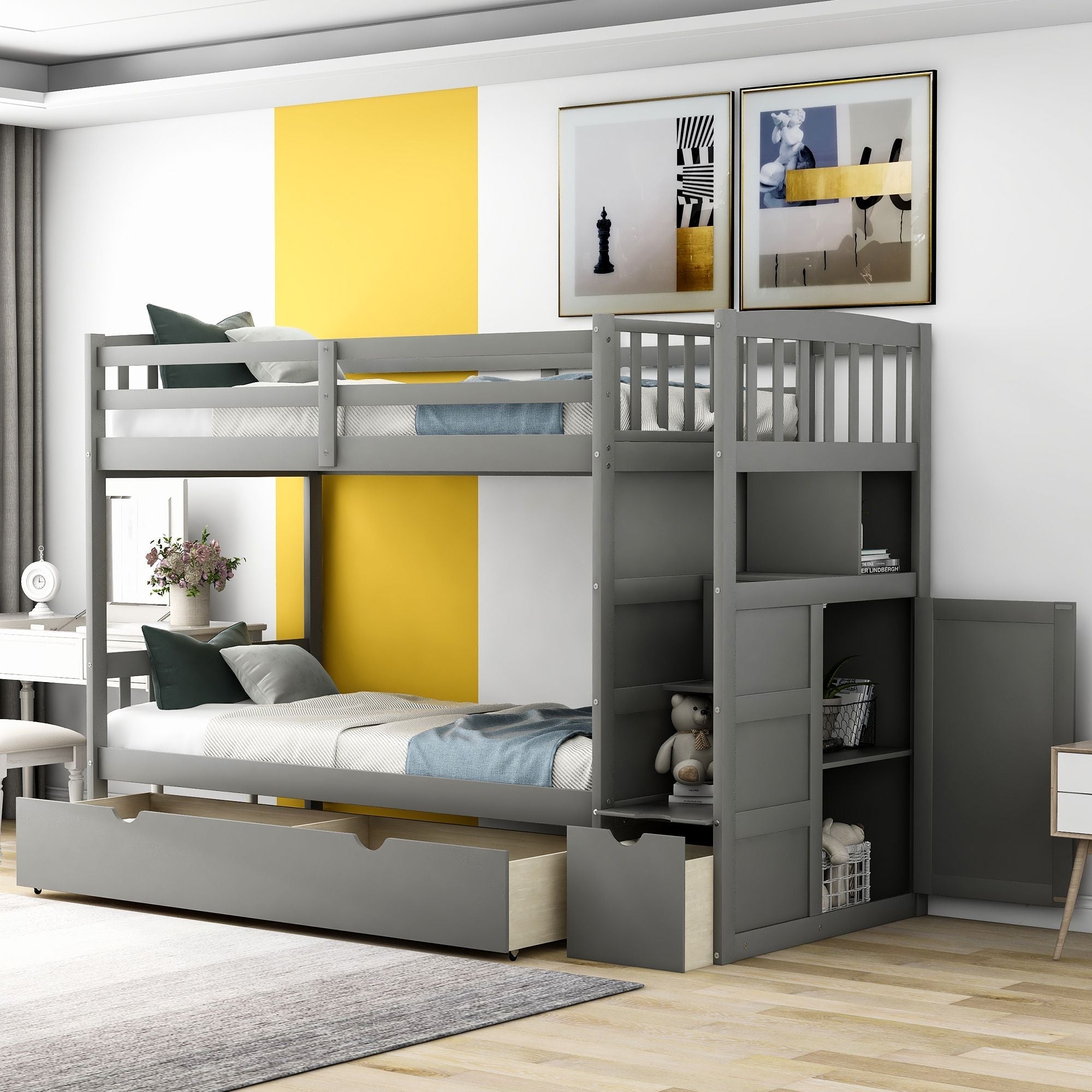 Flexible Twin Over Full/Twin Wood Bunk Bed with Storage Shelves and Drawers, Gray | Just Better Bunk Beds