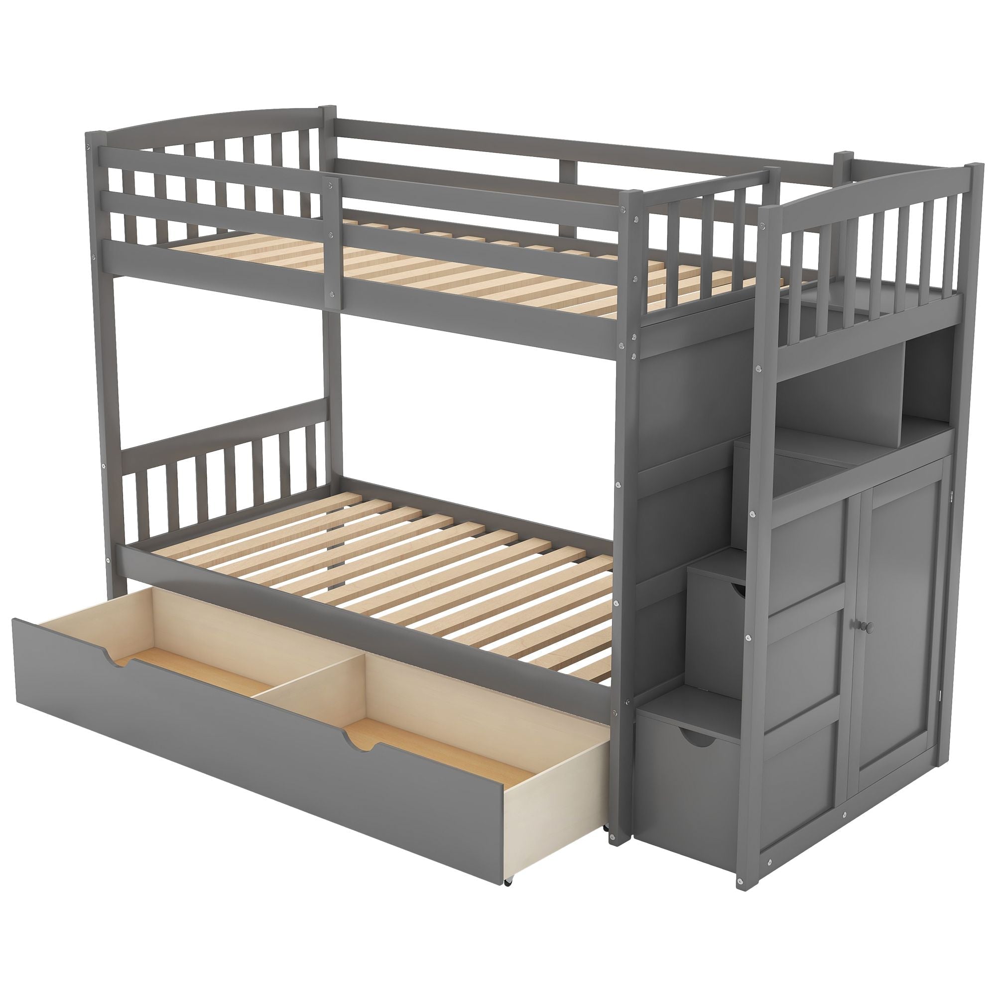 Flexible Twin Over Full/Twin Wood Bunk Bed with Storage Shelves and Drawers, Gray | Just Better Bunk Beds