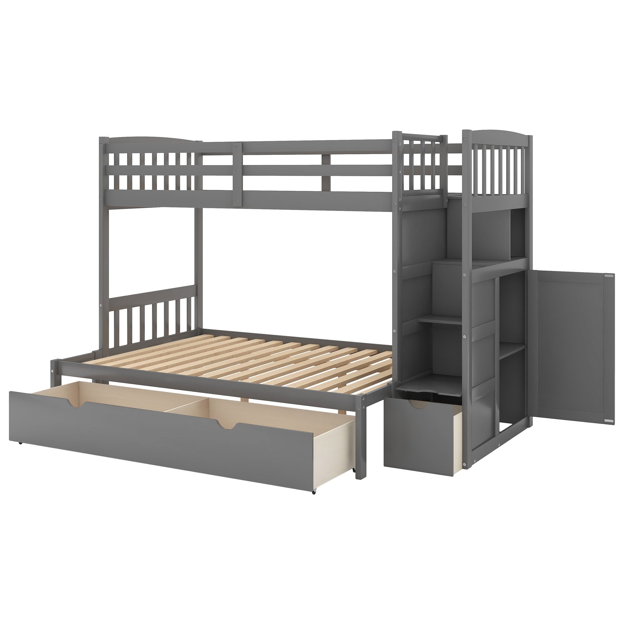 Flexible Twin Over Full/Twin Wood Bunk Bed with Storage Shelves and Drawers, Gray | Just Better Bunk Beds