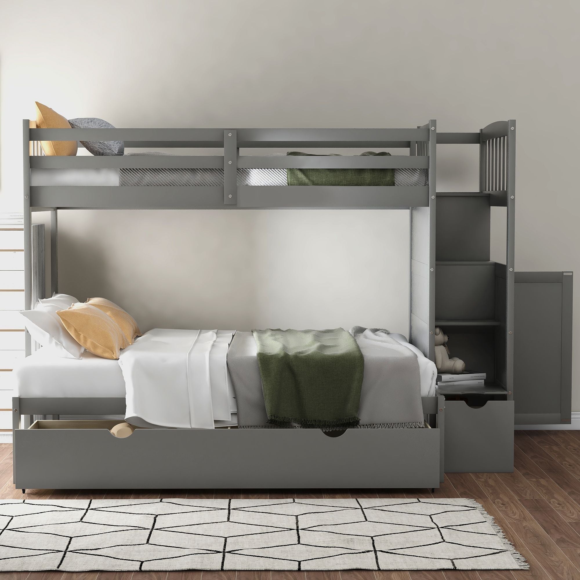 Flexible Twin Over Full/Twin Wood Bunk Bed with Storage Shelves and Drawers, Gray | Just Better Bunk Beds