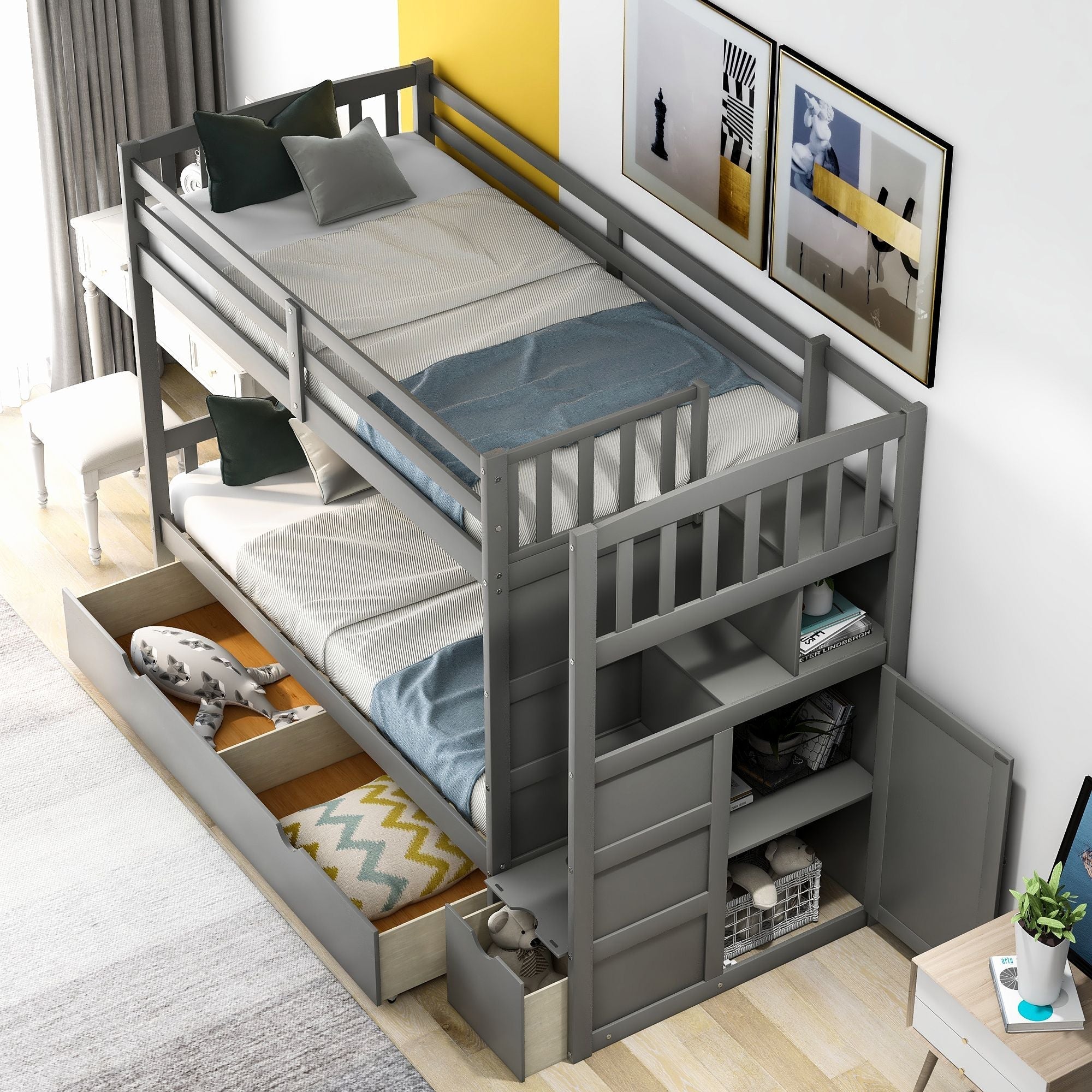 Flexible Twin Over Full/Twin Wood Bunk Bed with Storage Shelves and Drawers, Gray | Just Better Bunk Beds
