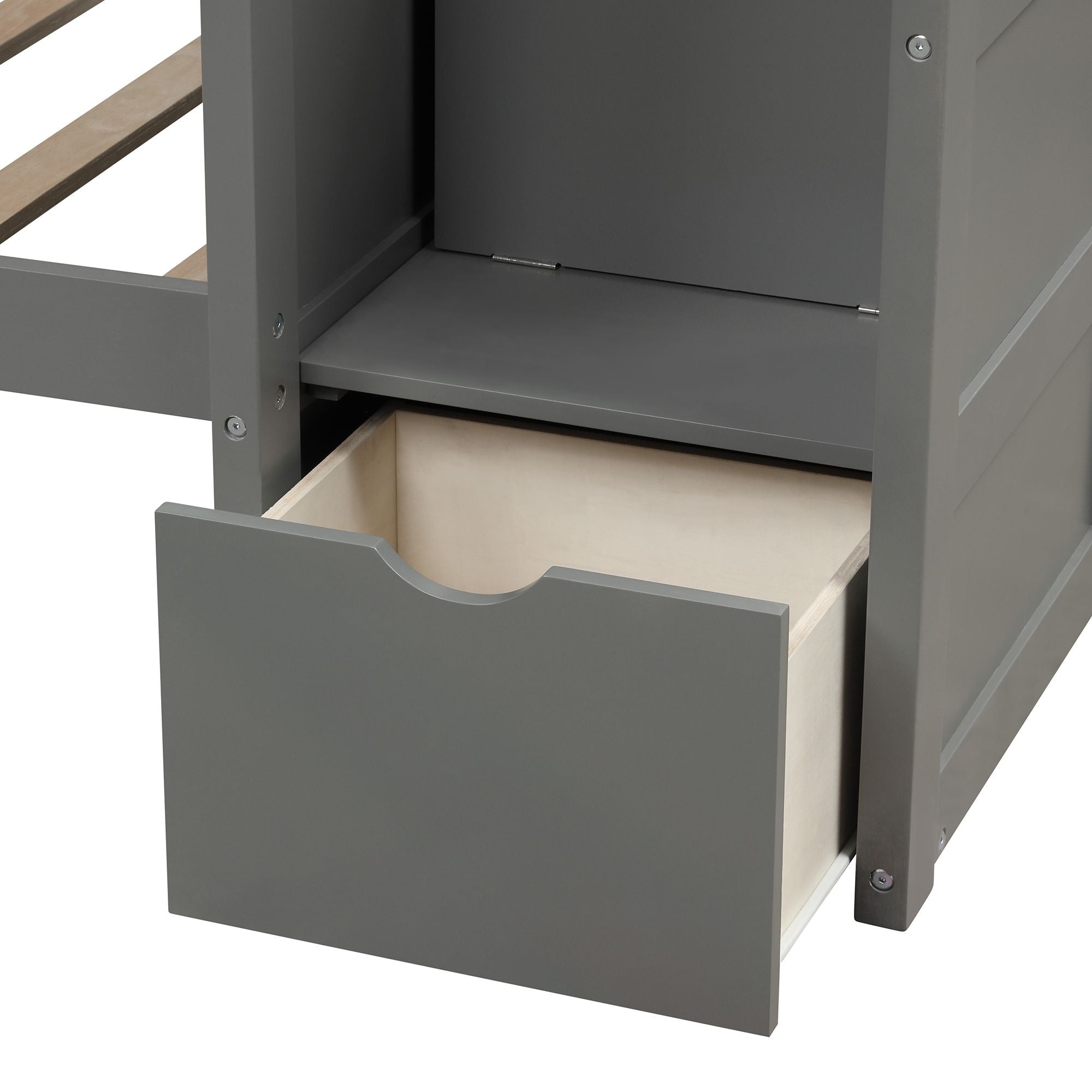 Flexible Twin Over Full/Twin Wood Bunk Bed with Storage Shelves and Drawers, Gray | Just Better Bunk Beds