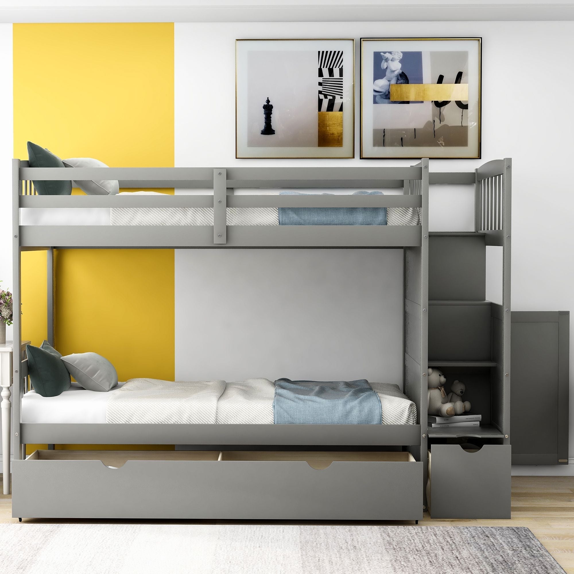 Flexible Twin Over Full/Twin Wood Bunk Bed with Storage Shelves and Drawers, Gray | Just Better Bunk Beds
