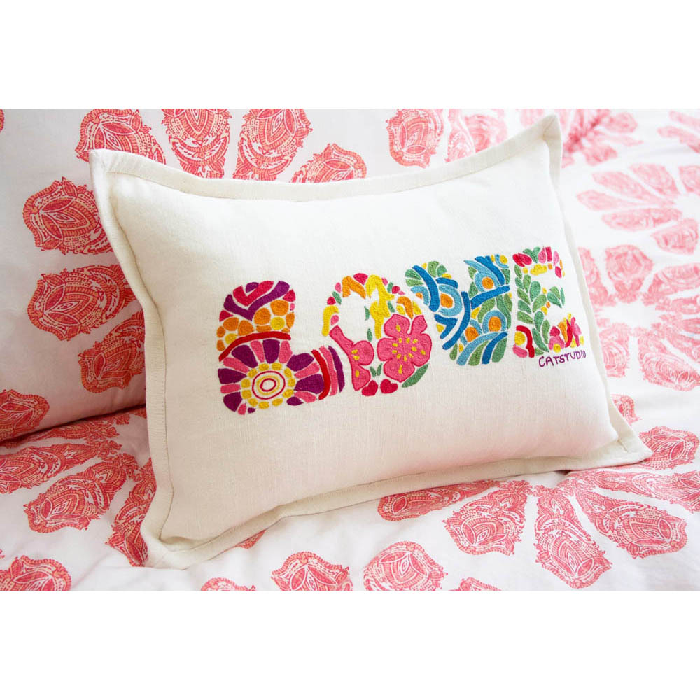 Flower Power Love Letters Hand-Embroidered Pillow - Available in Bright or Pastel by CatStudio-2