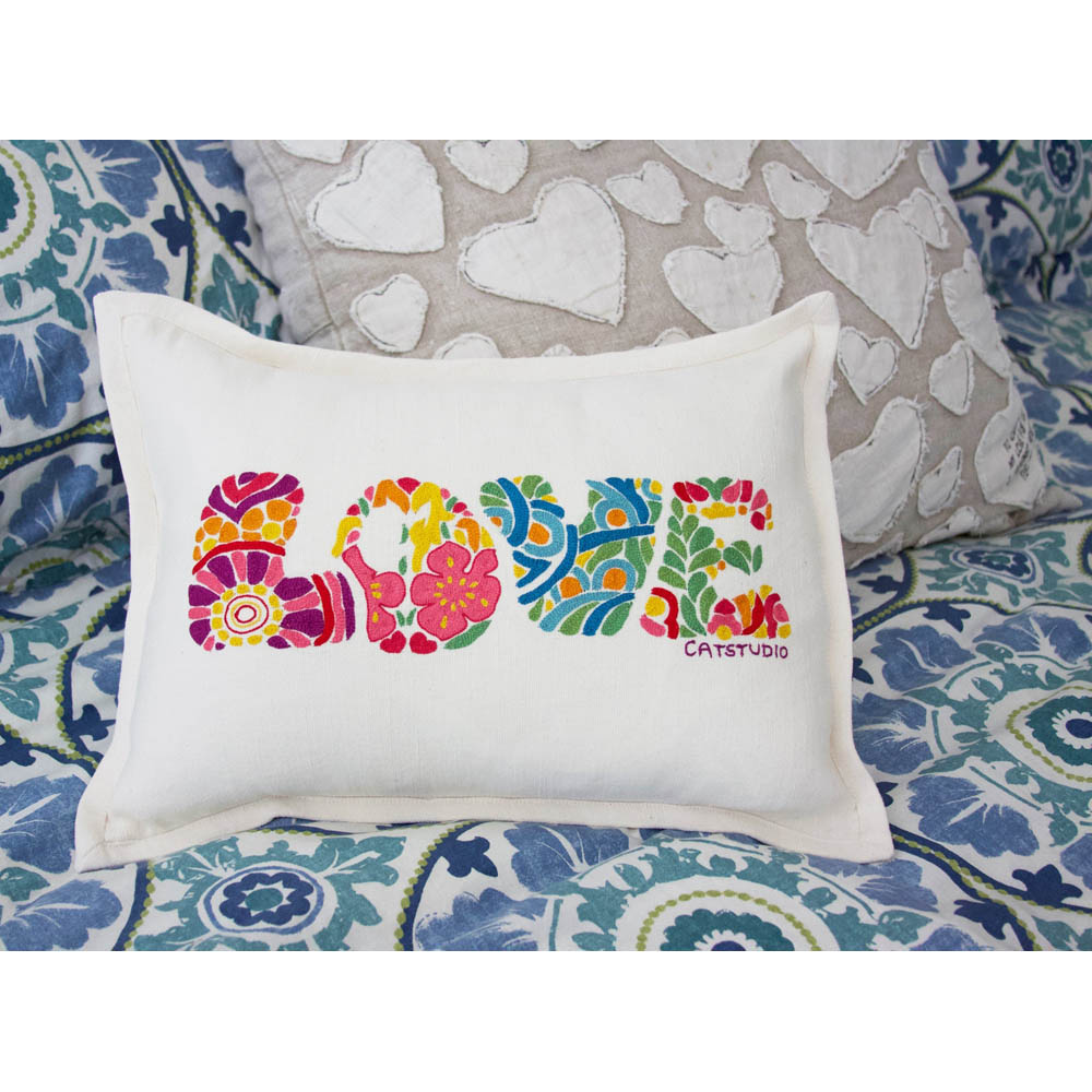 Flower Power Love Letters Hand-Embroidered Pillow - Available in Bright or Pastel by CatStudio-4