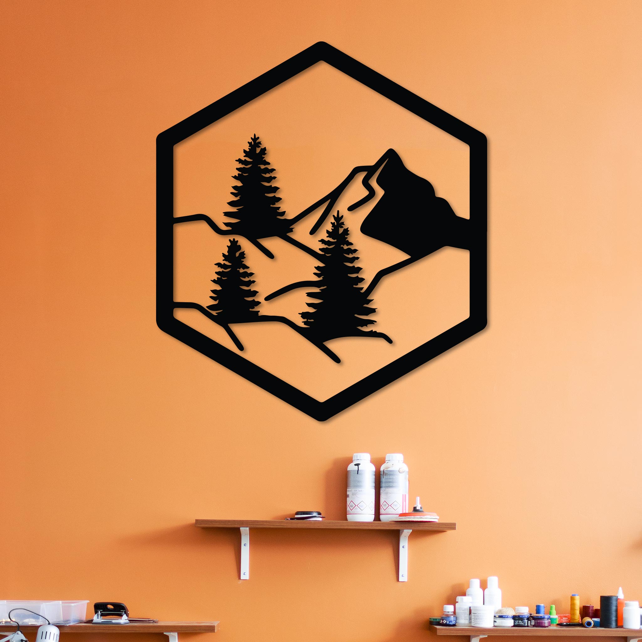 Forest with Mountain in Hexagon Sign-0