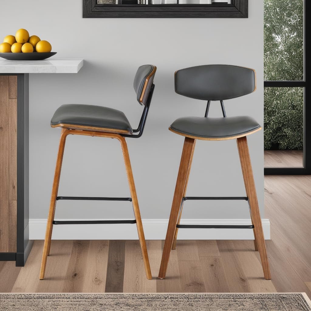 Fox Counter Height Grey Faux Leather Bar Stool Walnut Wood